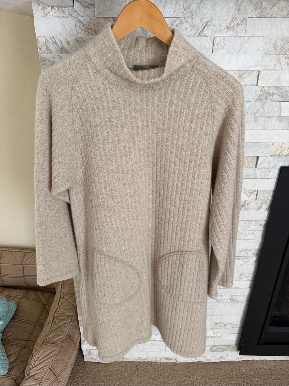 The Territory Ahead Beige Ribbed Mock Neck Sweater Dress
